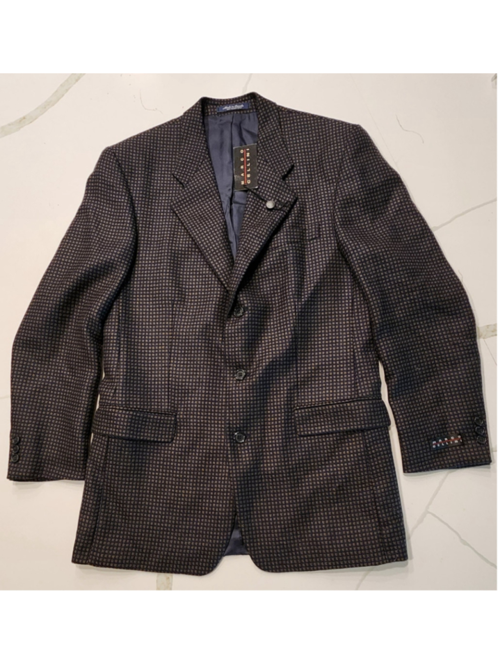 Marco Cellini Men’s 40 100% Wool Blazer Navy Tan Geometric Check Sport Coat Long